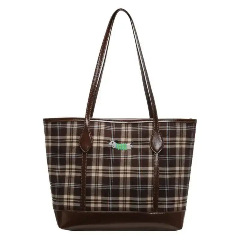 Vintage Plaid Tote Bag Large Capacity Brown - Image 9