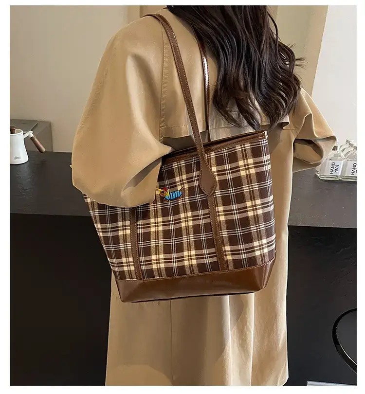 Vintage Plaid Tote Bag Large Capacity Brown — feature 1