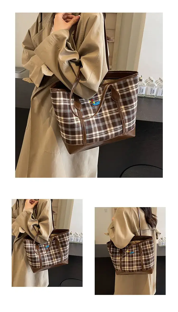 Vintage Plaid Tote Bag Large Capacity Brown — feature 10