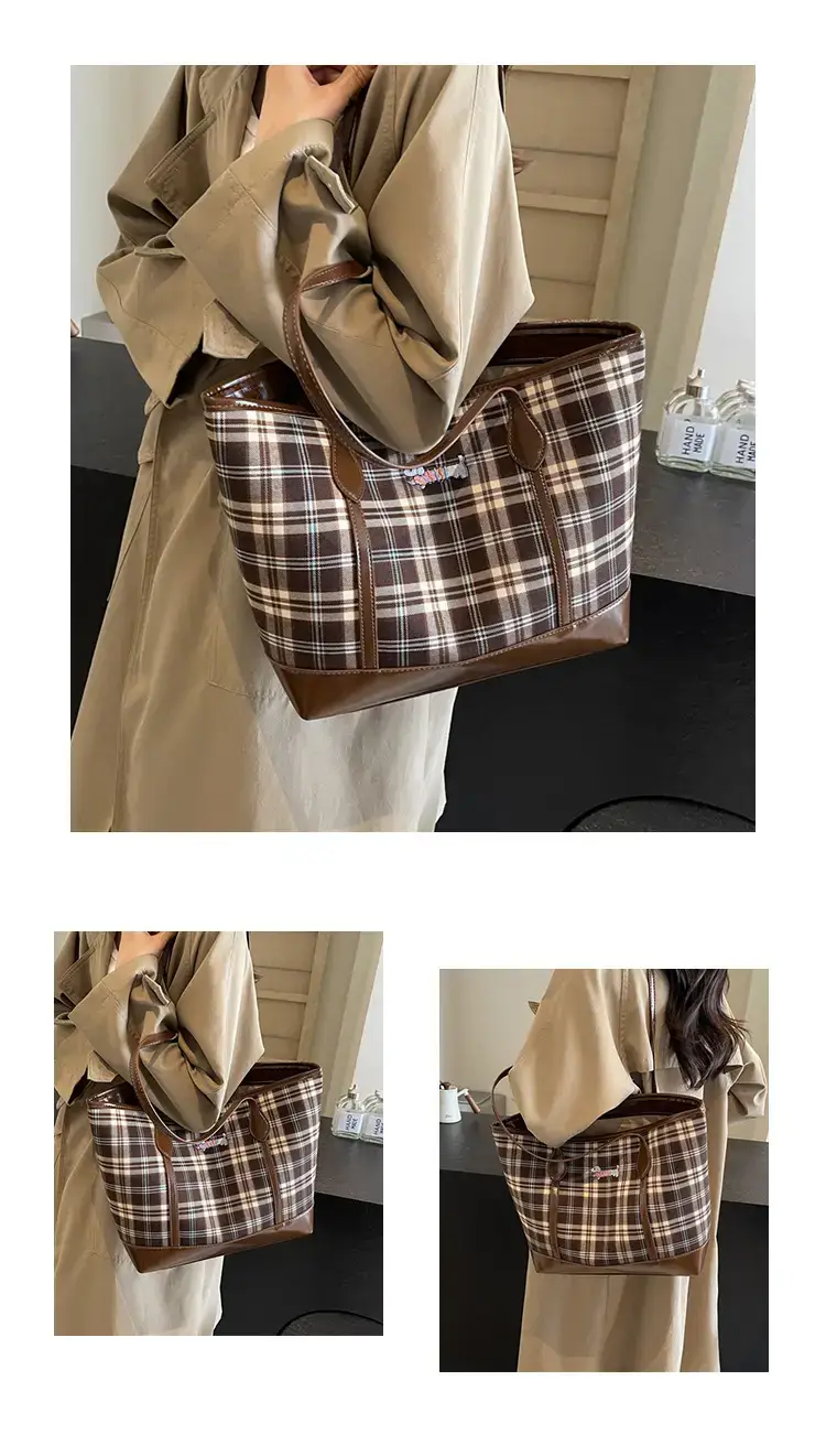 Vintage Plaid Tote Bag Large Capacity Brown — feature 11