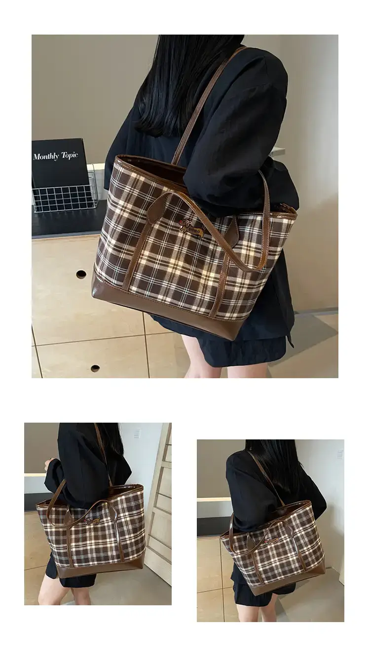 Vintage Plaid Tote Bag Large Capacity Brown — feature 12