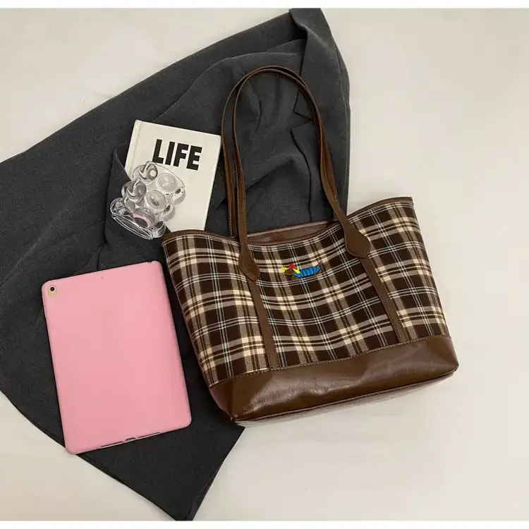 Vintage Plaid Tote Bag Large Capacity Brown — feature 13