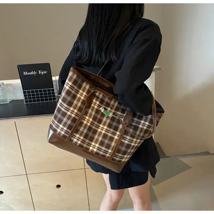 Vintage Plaid Tote Bag Large Capacity Brown — feature 16