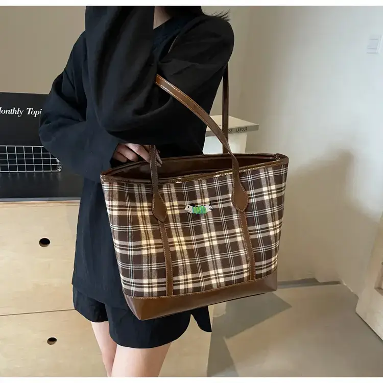 Vintage Plaid Tote Bag Large Capacity Brown — feature 17