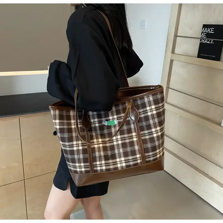 Vintage Plaid Tote Bag Large Capacity Brown — feature 18