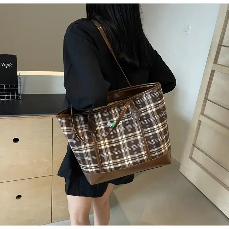 Vintage Plaid Tote Bag Large Capacity Brown — feature 19