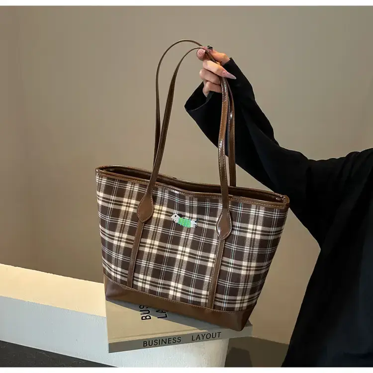 Vintage Plaid Tote Bag Large Capacity Brown — feature 20