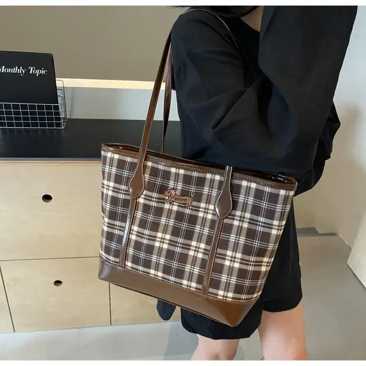 Vintage Plaid Tote Bag Large Capacity Brown — feature 21