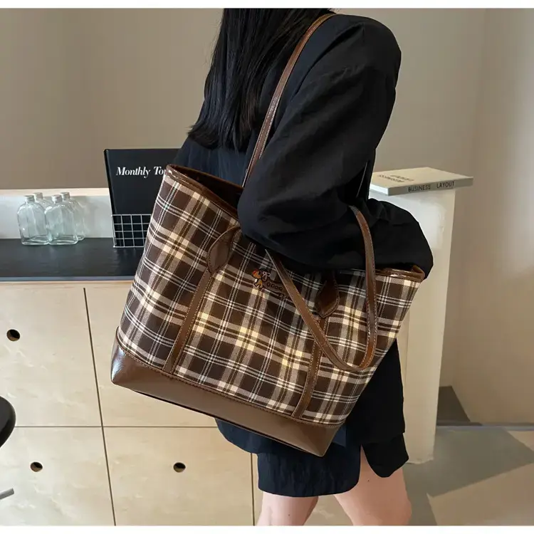 Vintage Plaid Tote Bag Large Capacity Brown — feature 22