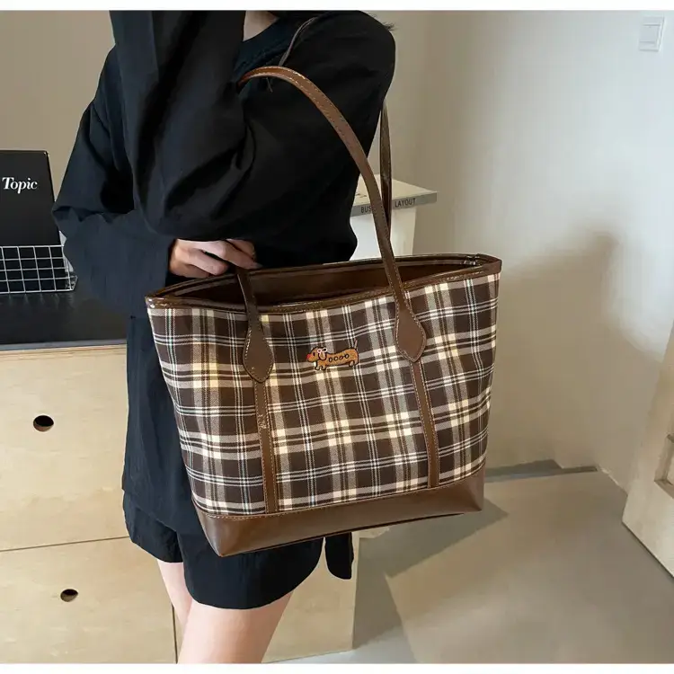 Vintage Plaid Tote Bag Large Capacity Brown — feature 23