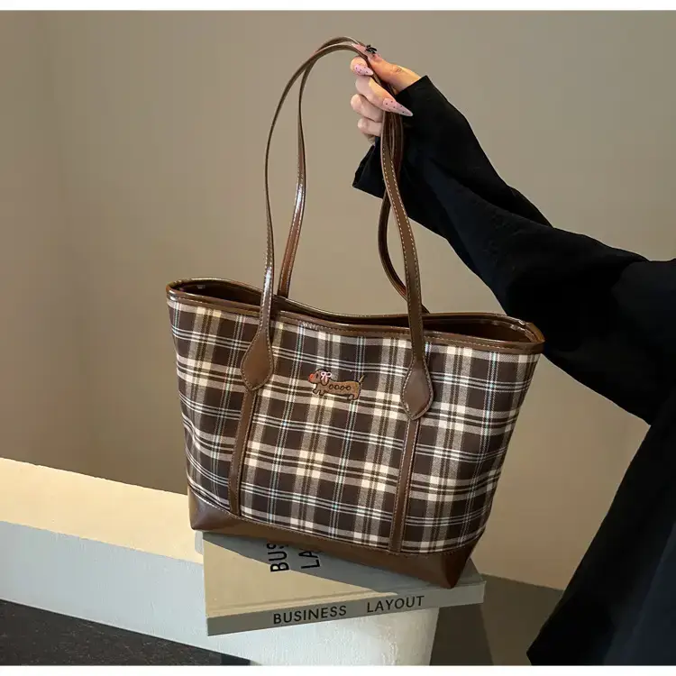 Vintage Plaid Tote Bag Large Capacity Brown — feature 25