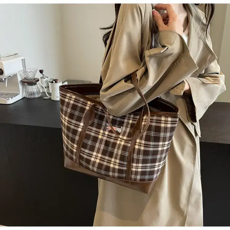 Vintage Plaid Tote Bag Large Capacity Brown — feature 26