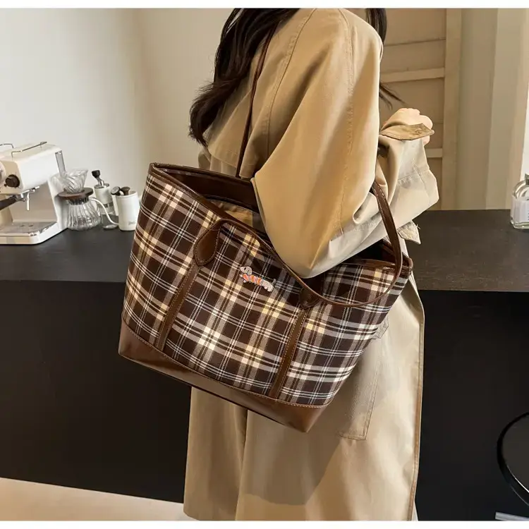 Vintage Plaid Tote Bag Large Capacity Brown — feature 27