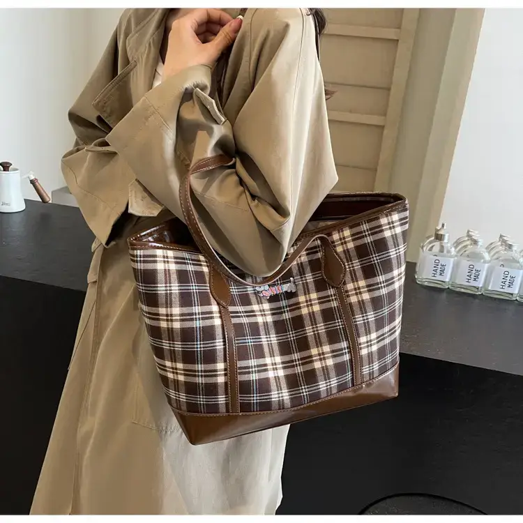 Vintage Plaid Tote Bag Large Capacity Brown — feature 28