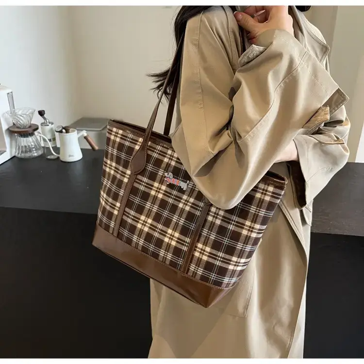 Vintage Plaid Tote Bag Large Capacity Brown — feature 29