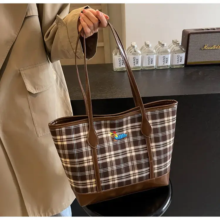 Vintage Plaid Tote Bag Large Capacity Brown — feature 31