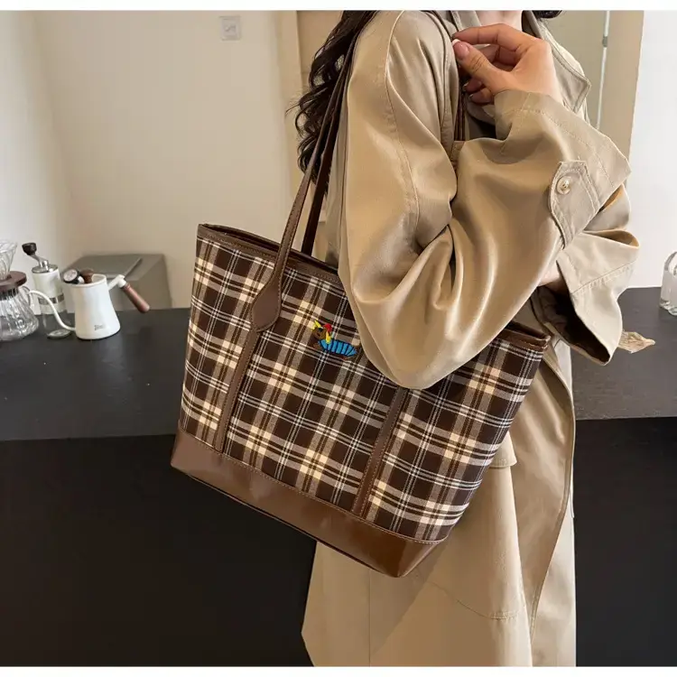 Vintage Plaid Tote Bag Large Capacity Brown — feature 32