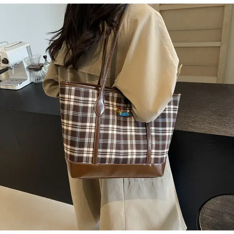 Vintage Plaid Tote Bag Large Capacity Brown — feature 33
