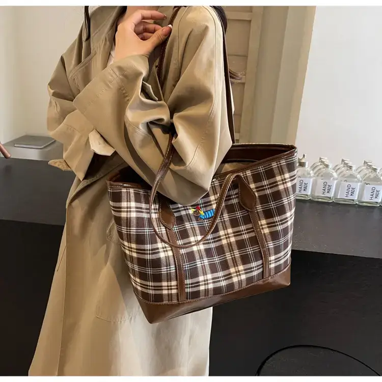 Vintage Plaid Tote Bag Large Capacity Brown — feature 34