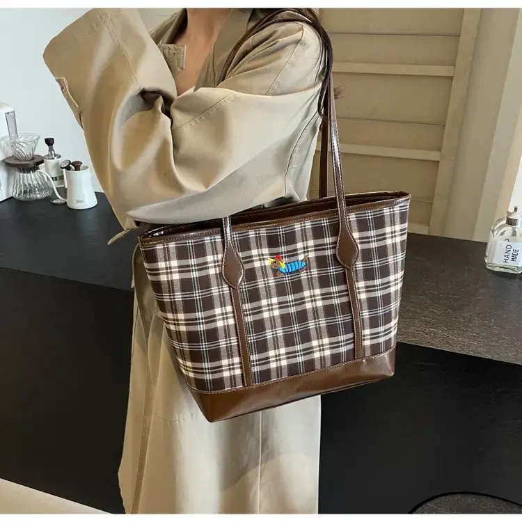 Vintage Plaid Tote Bag Large Capacity Brown — feature 36