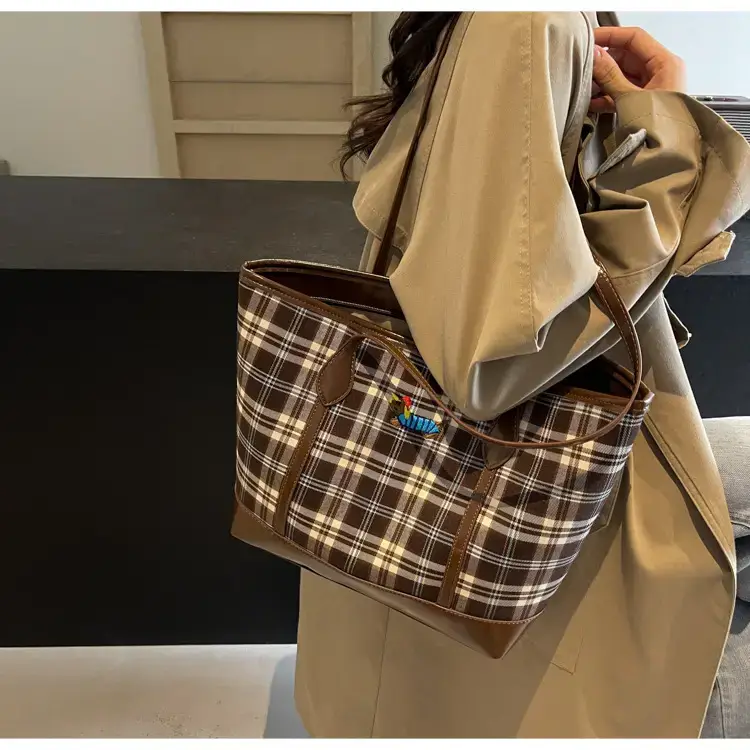Vintage Plaid Tote Bag Large Capacity Brown — feature 37