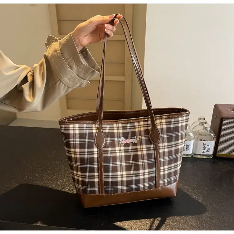 Vintage Plaid Tote Bag Large Capacity Brown — feature 38