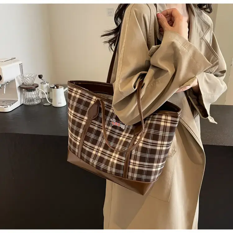 Vintage Plaid Tote Bag Large Capacity Brown — feature 39
