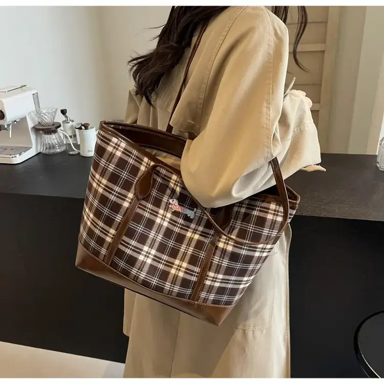 Vintage Plaid Tote Bag Large Capacity Brown — feature 40