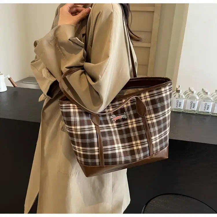 Vintage Plaid Tote Bag Large Capacity Brown — feature 41