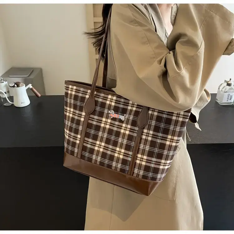 Vintage Plaid Tote Bag Large Capacity Brown — feature 42