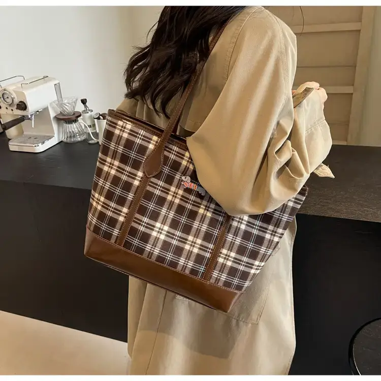 Vintage Plaid Tote Bag Large Capacity Brown — feature 43