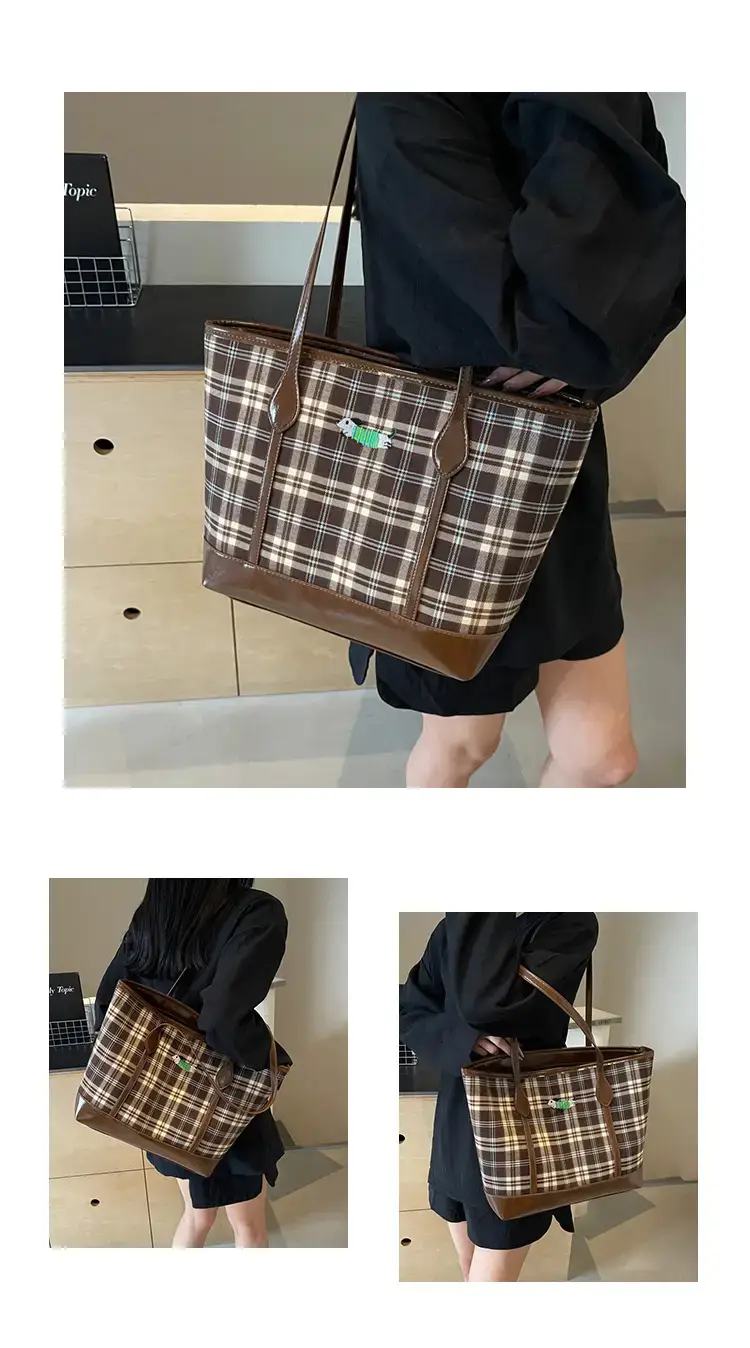 Vintage Plaid Tote Bag Large Capacity Brown — feature 9
