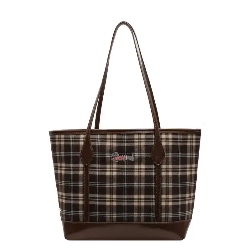 Vintage Plaid Tote Bag Large Capacity Brown - Image 2