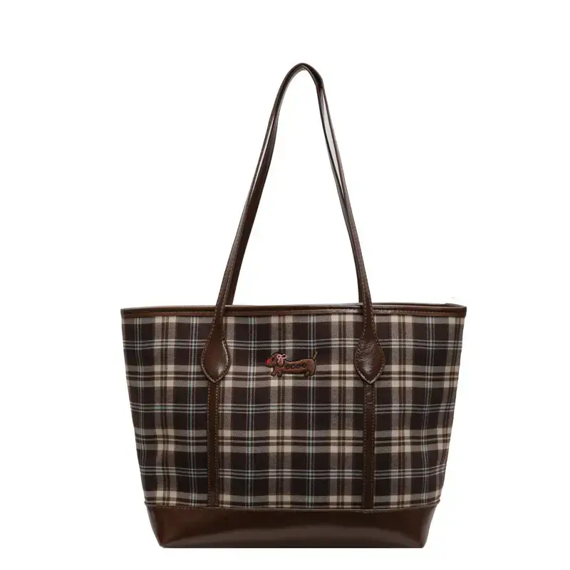 Vintage Plaid Tote Bag Large Capacity Brown - Image 3