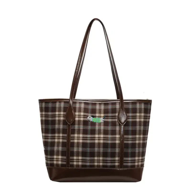 Vintage Plaid Tote Bag Large Capacity Brown - Image 4