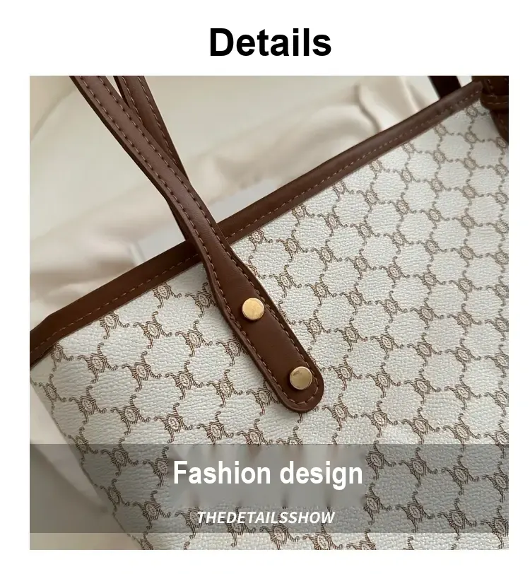 Close-up of printed bag surface, brown trim, handles, and metal fasteners