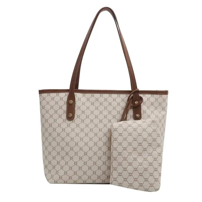 Large Capacity Mother Daughter Tote Bag Plaid Print Brown - Image 3