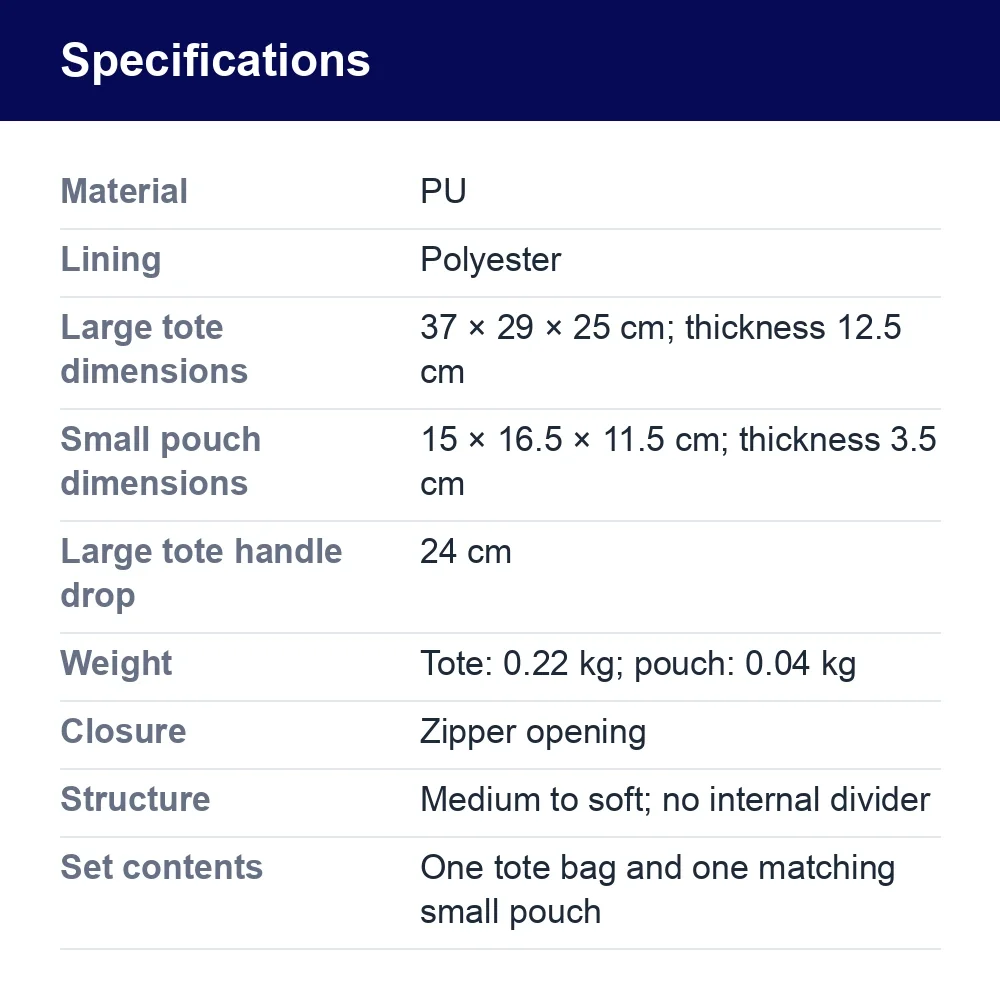 Printed PU Tote Bag Set With Matching Pouch – specifications