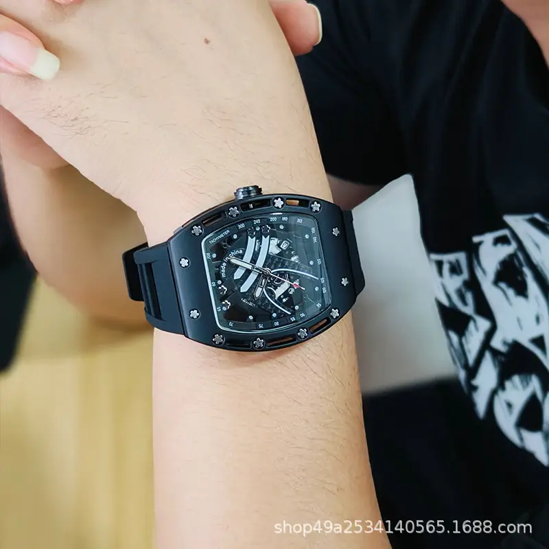 Men's Black Skeleton Mechanical Watch with Luminous Dial - Image 2