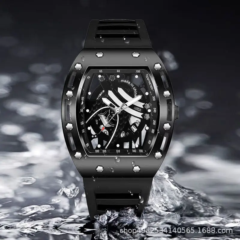 Men's Black Skeleton Mechanical Watch with Luminous Dial - Image 4