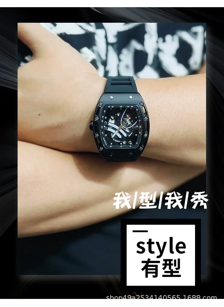Men's Black Skeleton Mechanical Watch with Luminous Dial — feature 6
