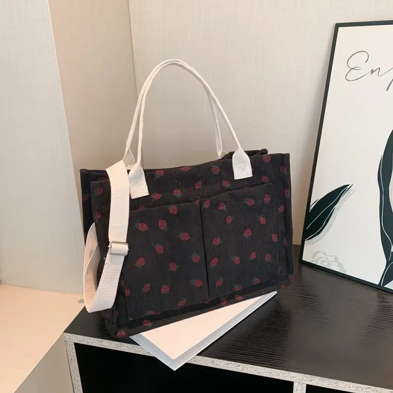 Women Canvas Tote Bag Black Red Polka Dot Large Capacity - Image 6