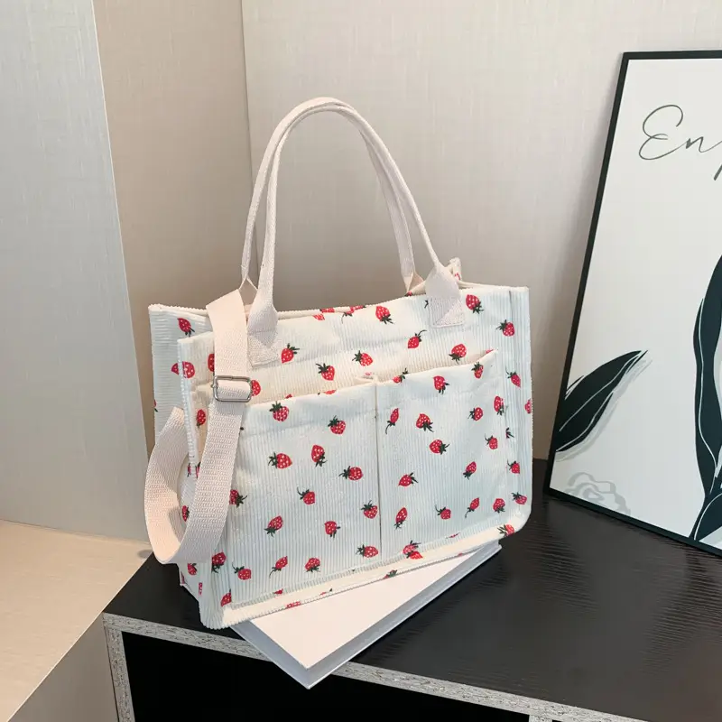 Women Canvas Tote Bag Black Red Polka Dot Large Capacity - Image 8