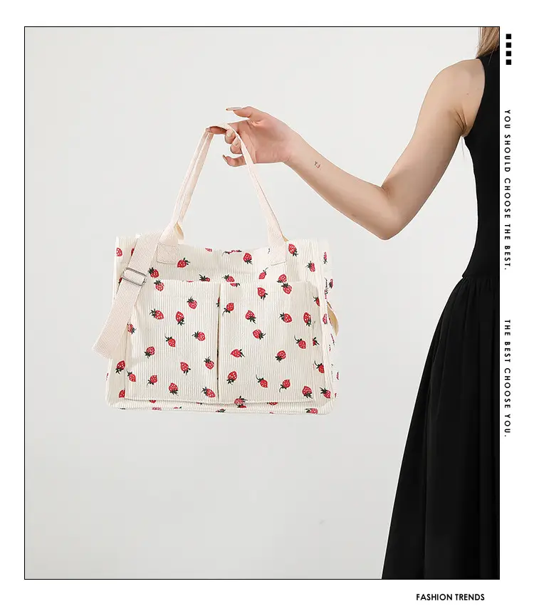 Women Canvas Tote Bag Black Red Polka Dot Large Capacity — feature 1