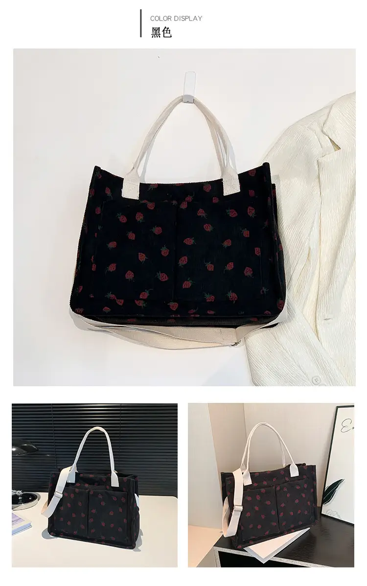 Women Canvas Tote Bag Black Red Polka Dot Large Capacity — feature 11