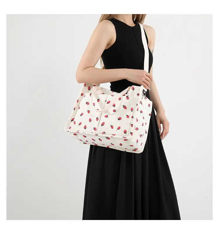 Women Canvas Tote Bag Black Red Polka Dot Large Capacity — feature 12