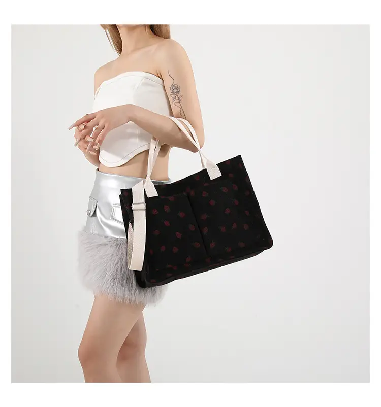 Women Canvas Tote Bag Black Red Polka Dot Large Capacity — feature 16