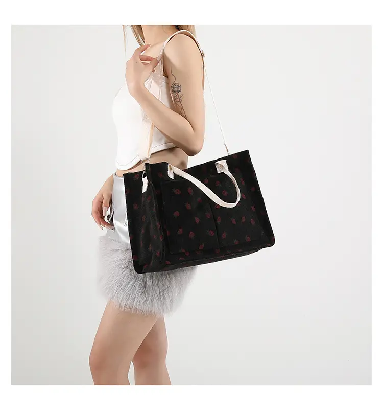 Women Canvas Tote Bag Black Red Polka Dot Large Capacity — feature 17