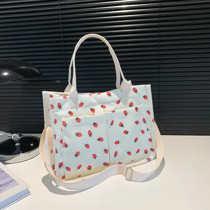 Women Canvas Tote Bag Black Red Polka Dot Large Capacity - Image 2