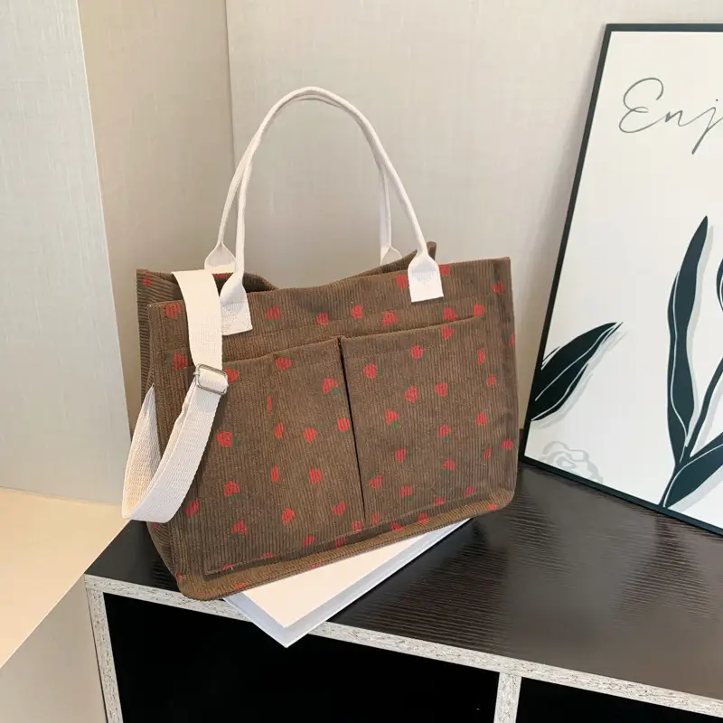 Women Canvas Tote Bag Black Red Polka Dot Large Capacity - Image 3